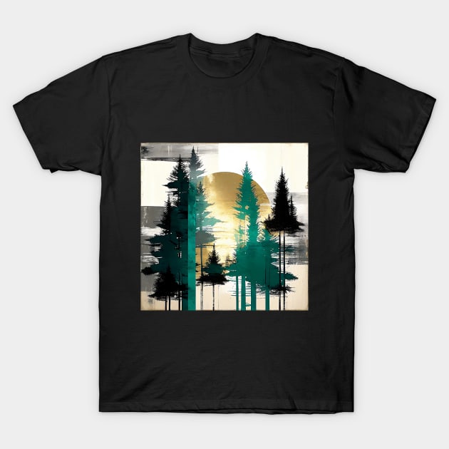 Sunlit Sentinels Rustic Pine Trees Abstract T-Shirt by The Art Mage